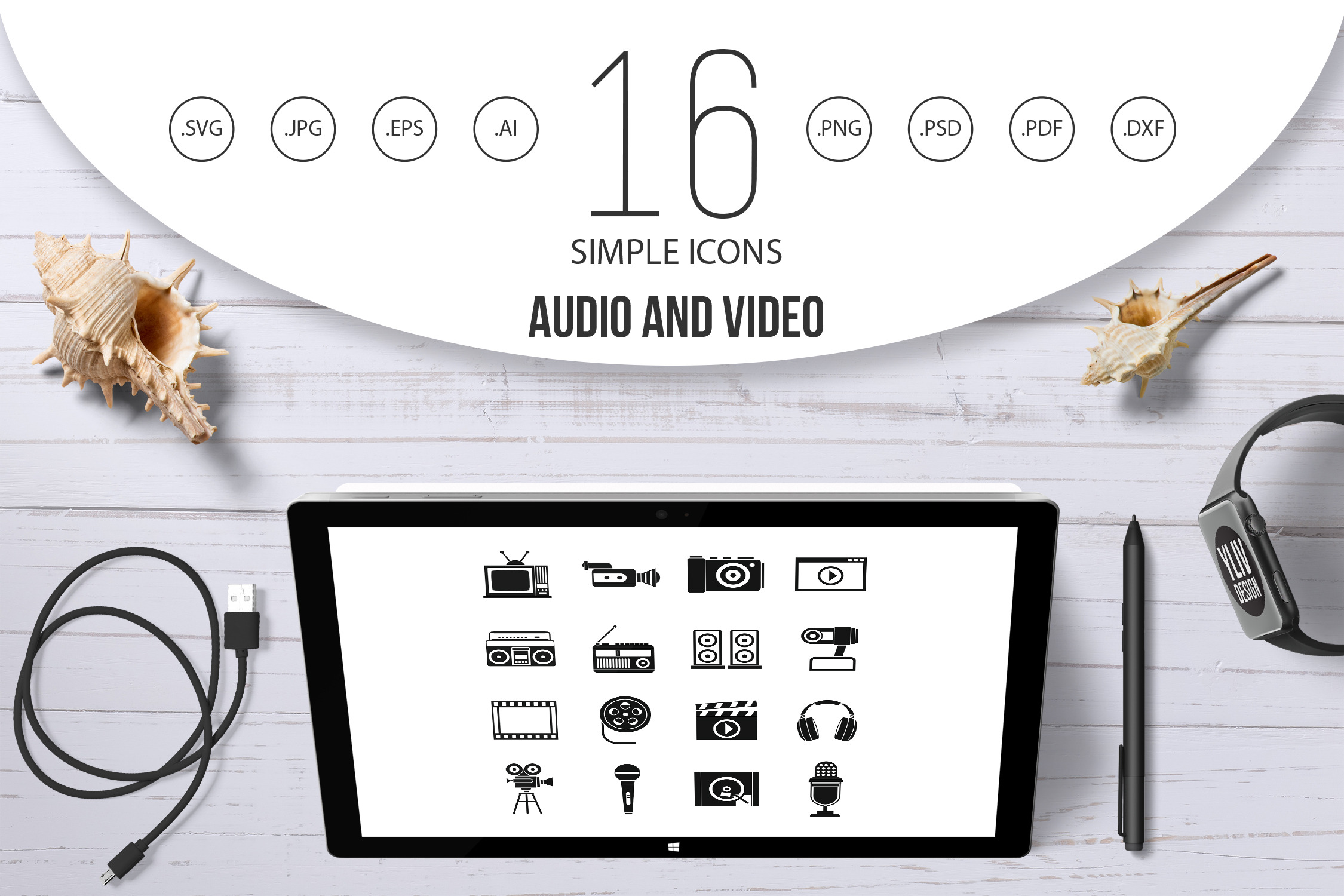 Audio and video icons set, simple, an Icon by Ylivdesign