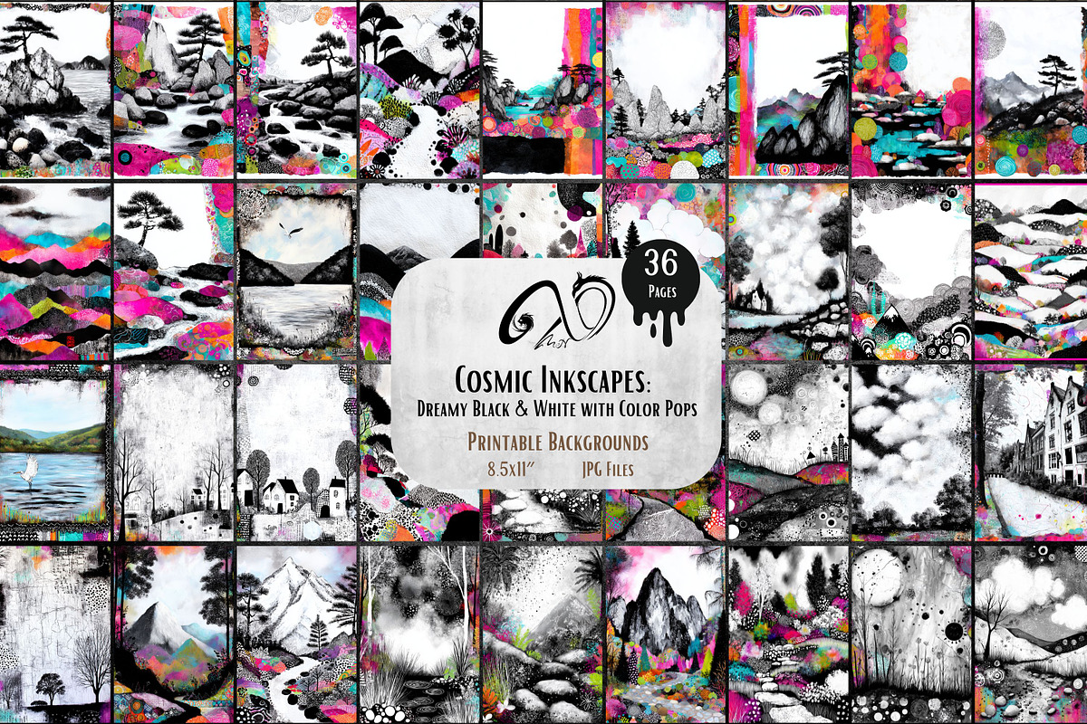 Cosmic Inkscapes: Dreamy Landscapes, a Background Graphic by NiiiNArt (Photo 1 of 9)