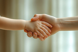 Child and adult hand clasping togeth, a Photo by Tanuart