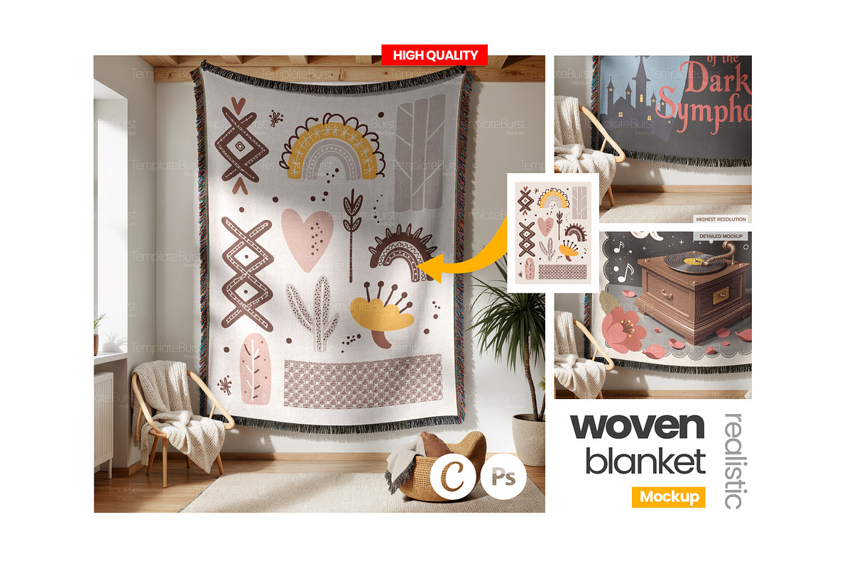 Woven Blanket Mockup Hang on Wall, an Apparel Mockup by Mockups Studio (Photo 1 of 9)