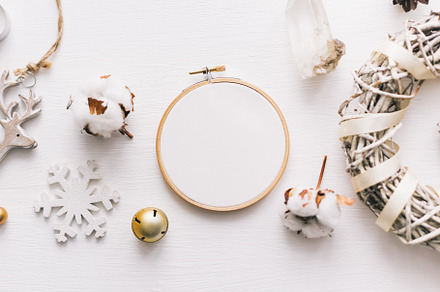 Flat lay top view christmas photo with an embroidery hoop and cute decoration, a Holiday Photo by Sentimental postman