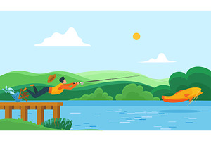 Fisherman caught big fish with, an Illustration by Lemberg Vector