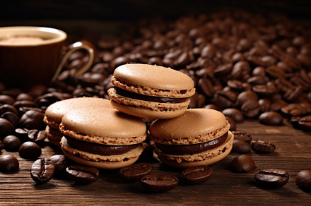 Brown macarons dessert with coffee beans on wooden background, a Food & Drink Photo by AlyaAnd