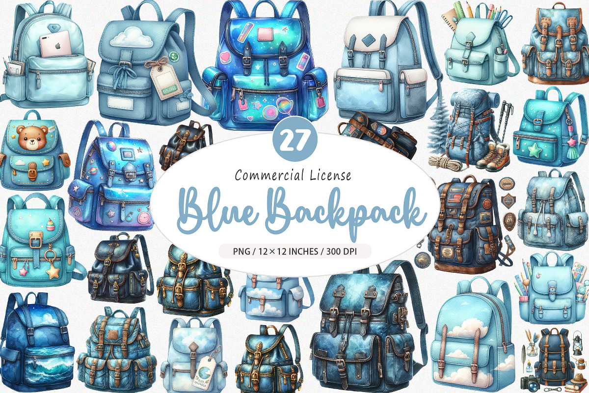 Watercolor Blue Backpack Clipart, an Illustration by SinaCreation (Photo 1 of 5)