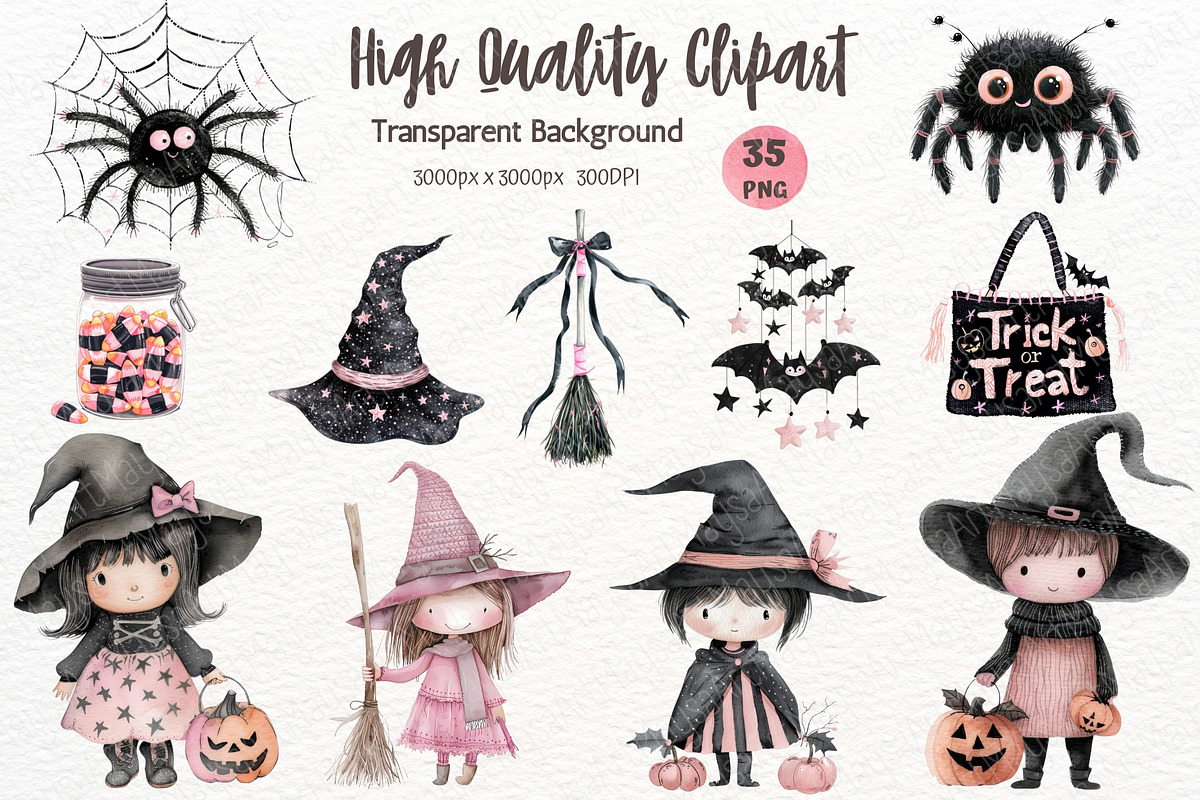 Pink Halloween Watercolor Clipart, a Seasonal Illustration by Maysa Art (Photo 4 of 6)