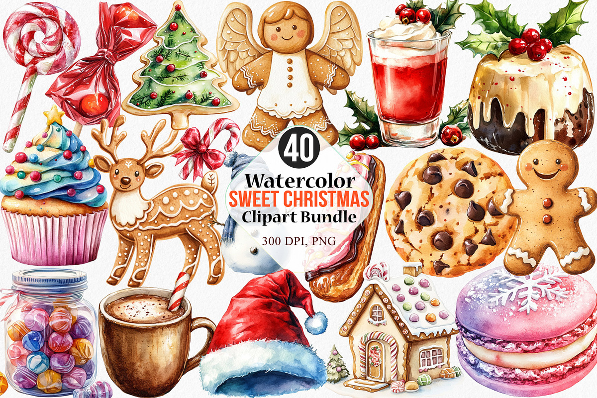 Watercolor Sweet Christmas Clipart, an Illustration by Canvas Craft (Photo 1 of 8)