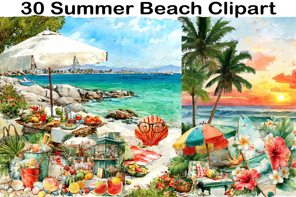 Watercolor Summer Beach Clipart, an Illustration by Black Bird Studio (Photo 1 of 5)