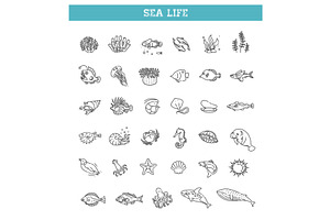 Set of sea life icons. Vector, an Animal Illustration by Tettygreen