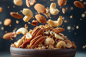A stunning assortment of nuts and granola cascading into a woode, a Food & Drink Photo by ImageMir