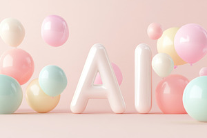 Pastel balloons surrounding AI letters on light background, suit, a Photo by Dvoevnore photos