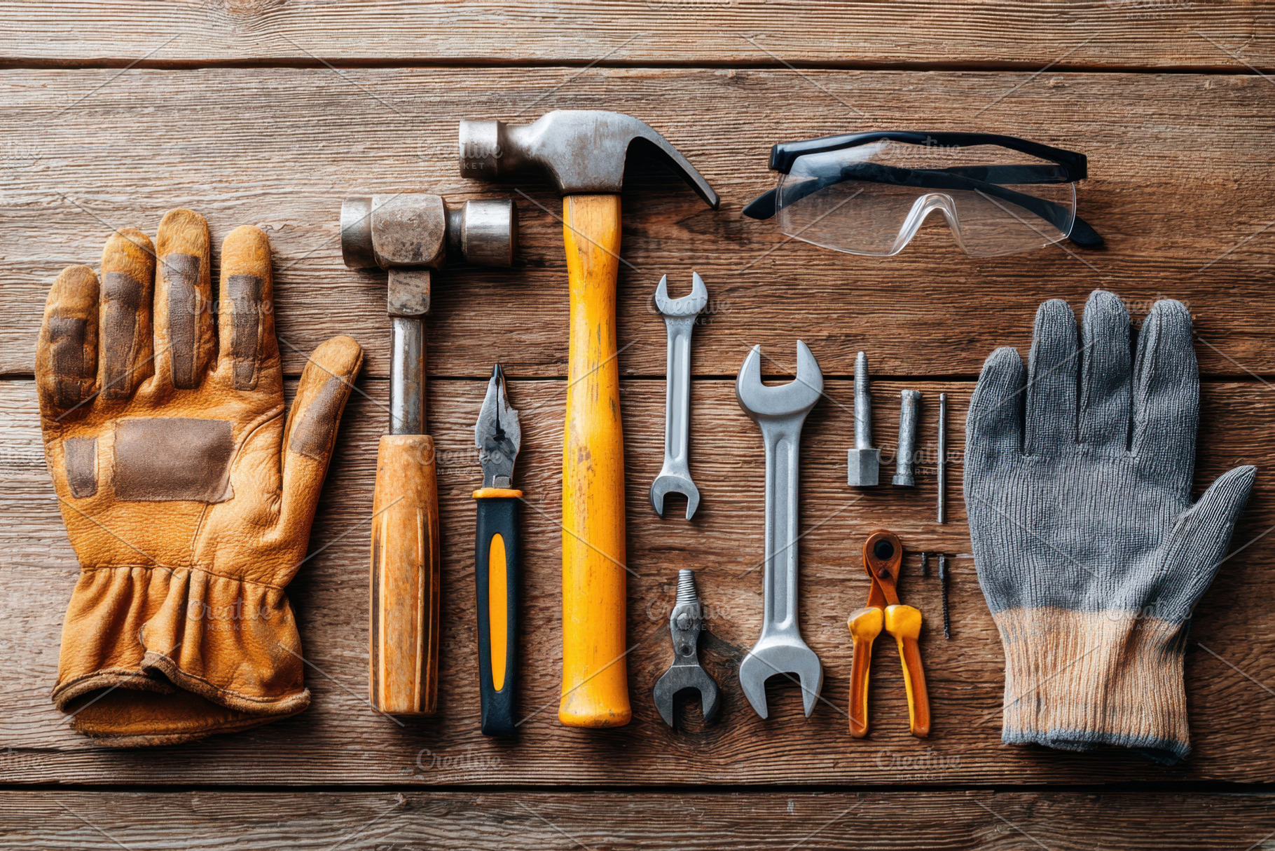 Hand tools collection on wooden surface, an Industrial Photo by AlyaAnd
