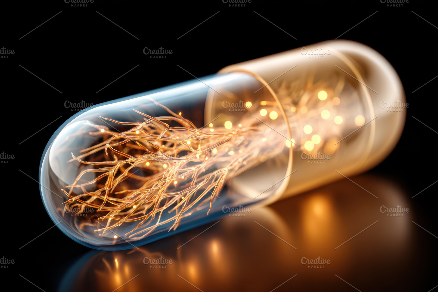 Glowing filament capsule on black reflective surface, an Abstract Photo by AlyaAnd