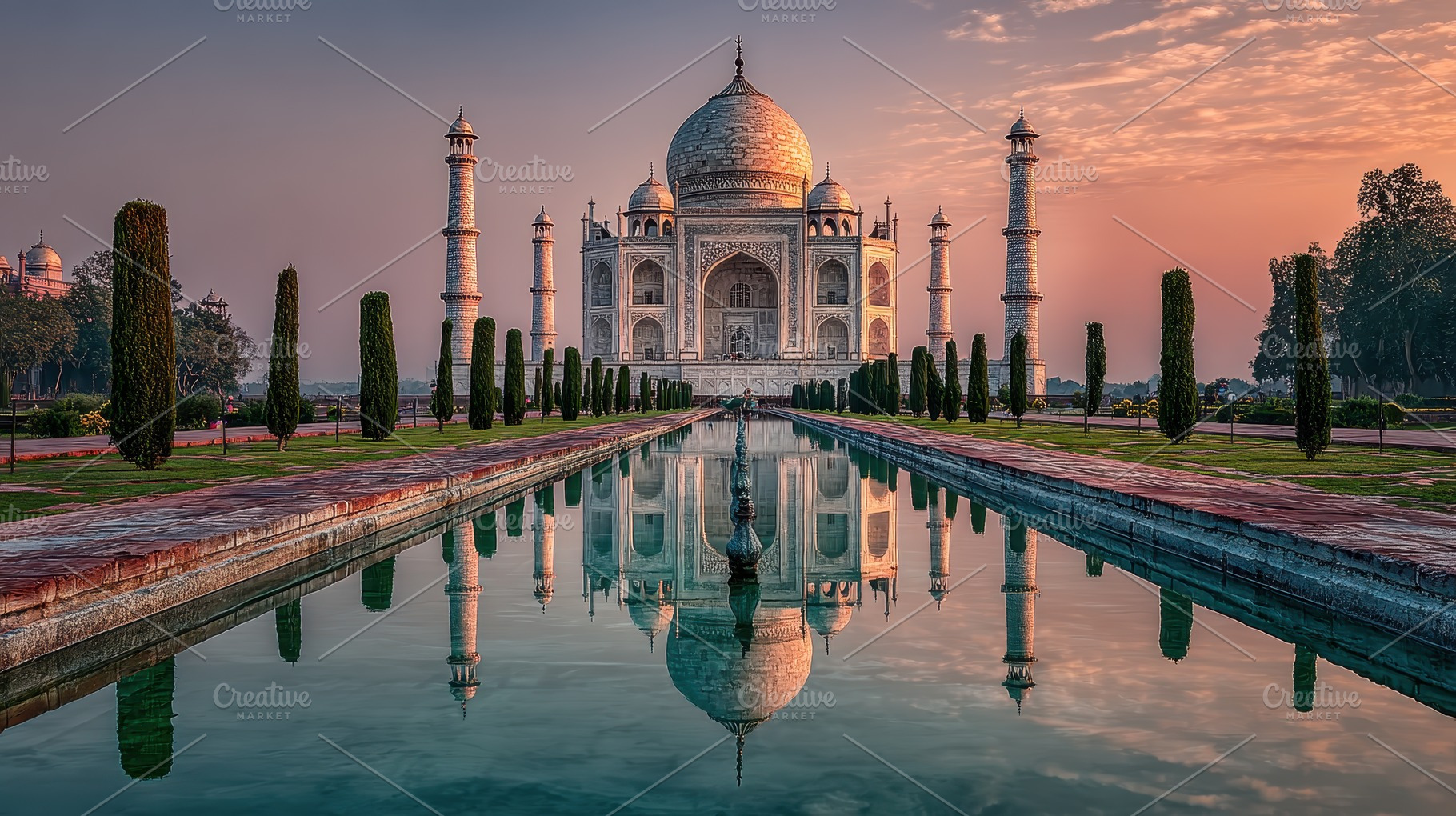 Taj Mahal Sunrise Reflection India, a Photo by Pixeness Studio