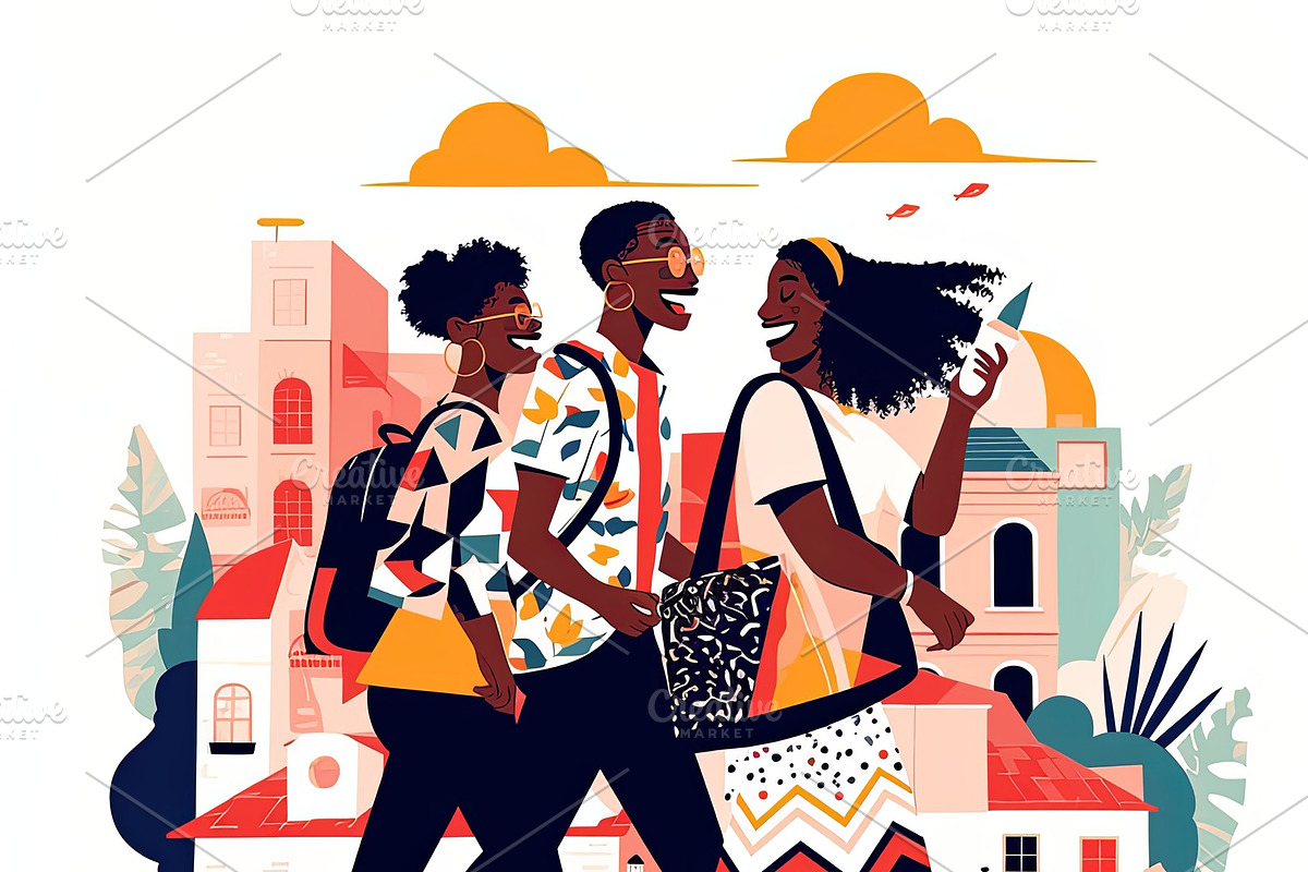 Three friends joyfully walking outdoors in a colorful urban setting, an Illustration by AS photostudio