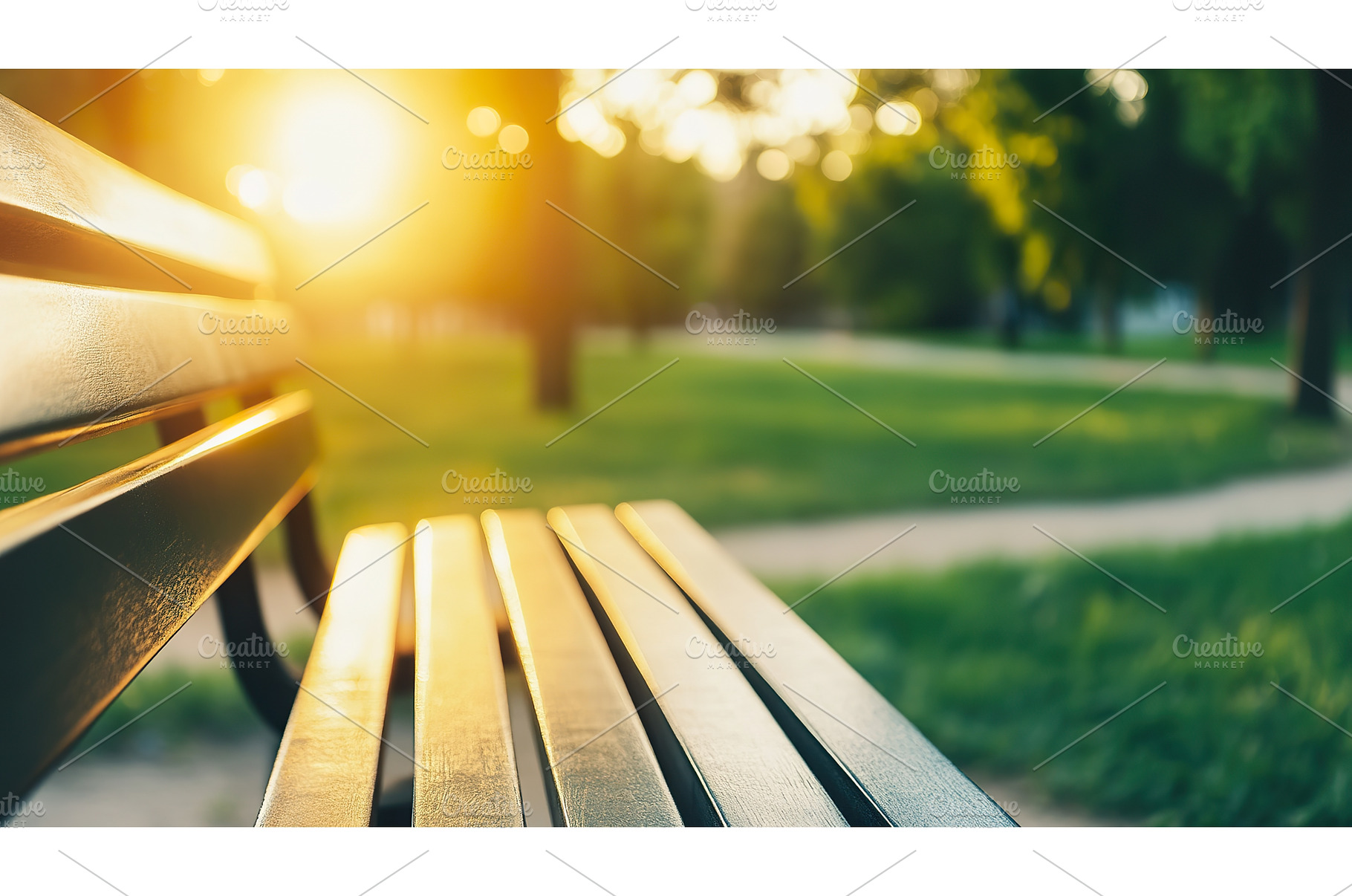 Empty Park Bench Bathed in Golden, a Nature Photo by Lermont51