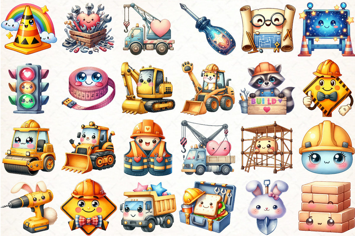 Cute KawaiI Construction Watercolor, an Illustration by Pixels.Craft (Photo 2 of 7)