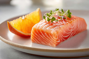 Gourmet salmon dish with green sauce, a Food & Drink Photo by AlyaAnd