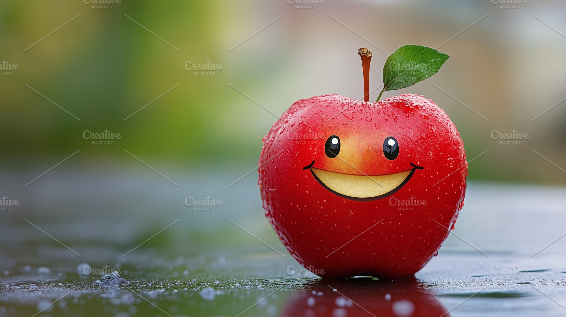 Happy red apple on blurred rainy, a Food & Drink Photo by MistyDay