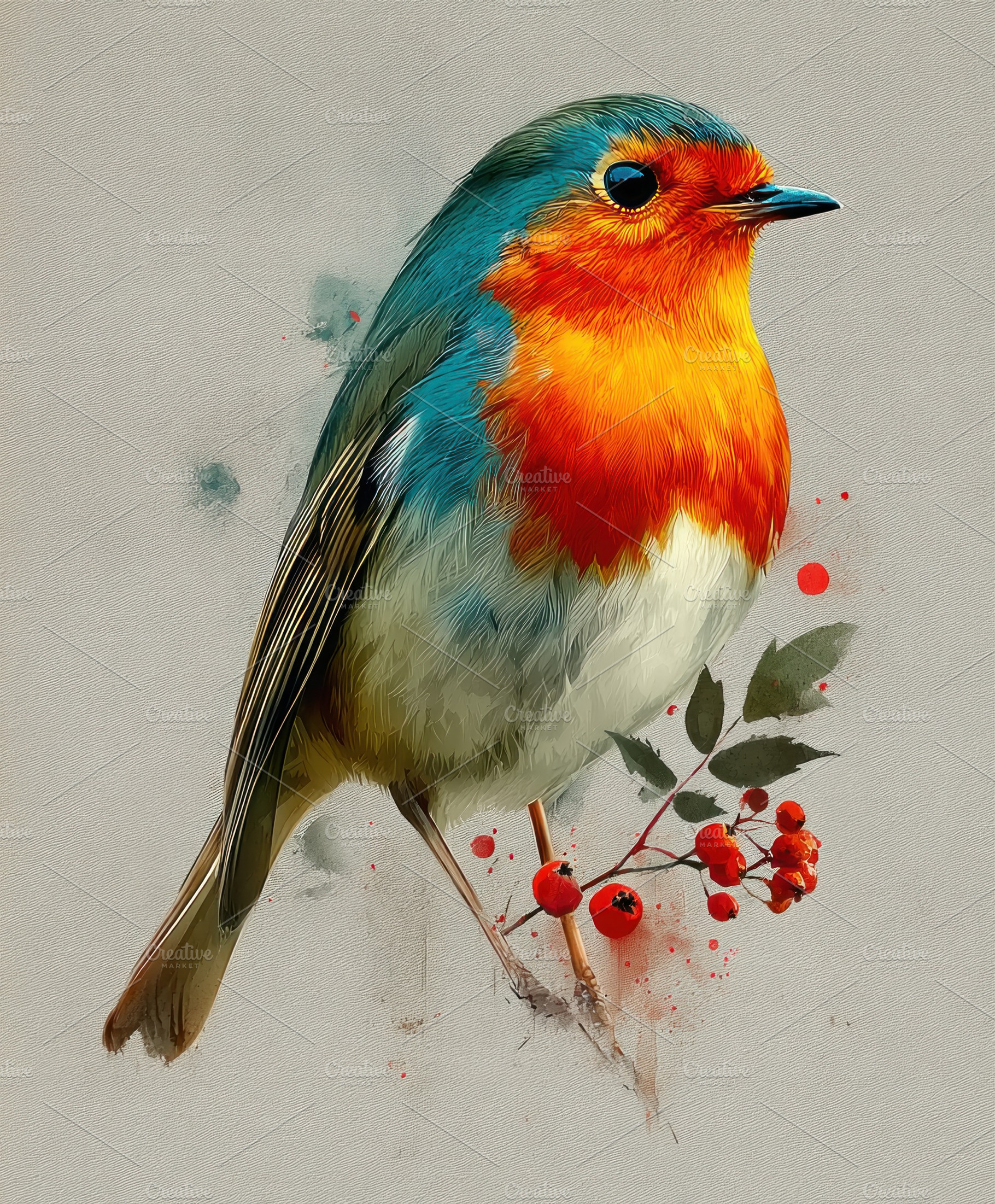 Colorful watercolor robin illustration with red berries and ink, an Animal Photo by José Manuel Gelpi