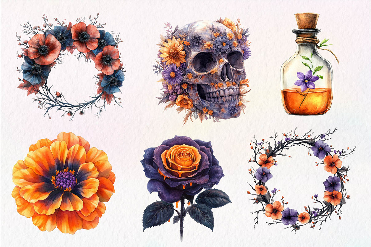 Watercolor Halloween Flowers Clipart, an Illustration by Dream Creation (Photo 4 of 7)