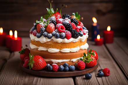 Chocolate cake with fresh berries on wooden table, a Food & Drink Photo by AlyaAnd