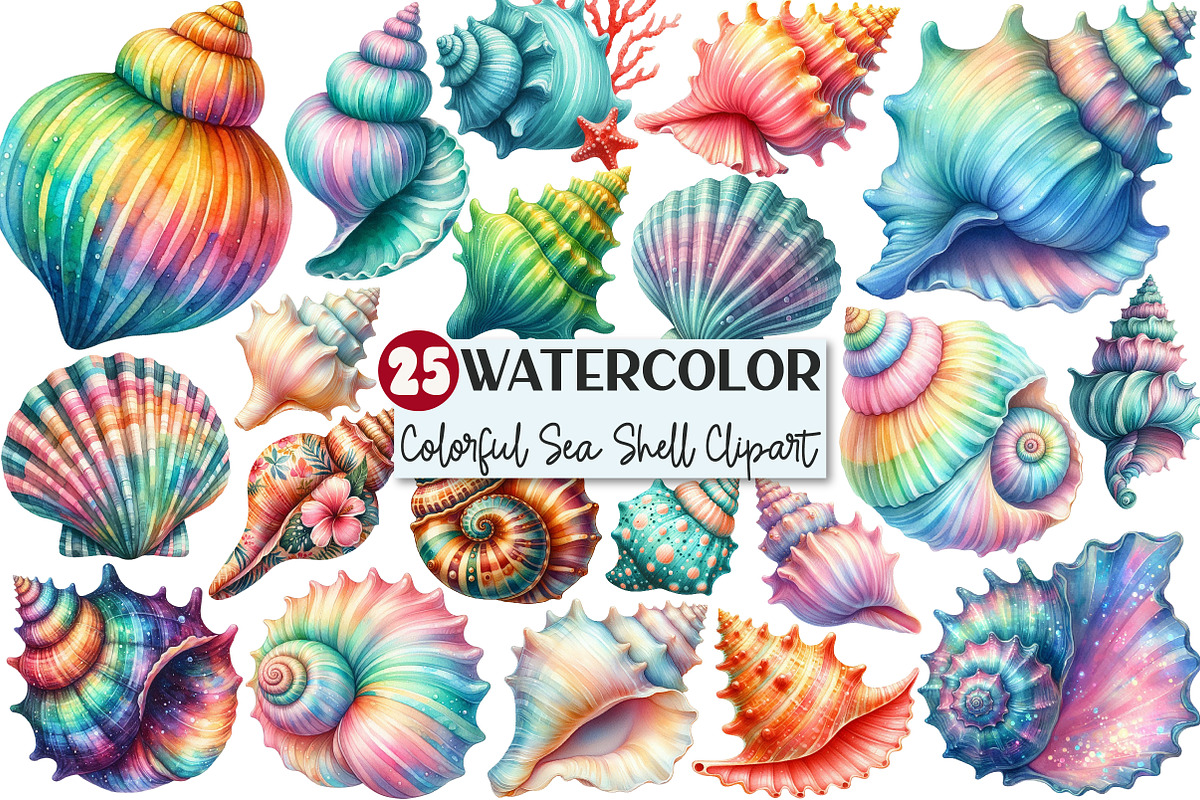 Watercolor Colorful Sea Shell Clipar, an Illustration by Rose Art (Photo 1 of 7)
