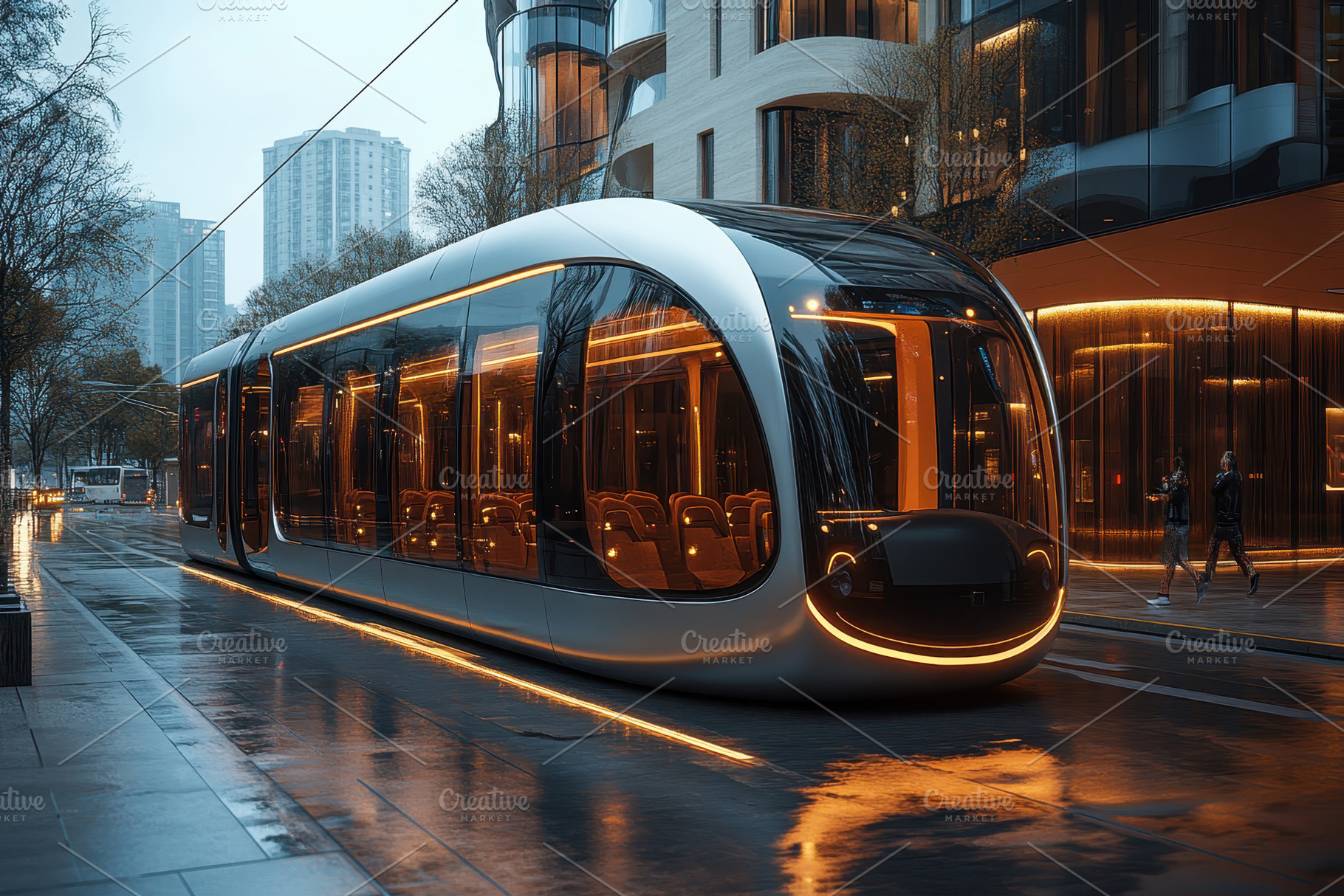 Modern tram travels along a wet stre, a Photo by Tanuart