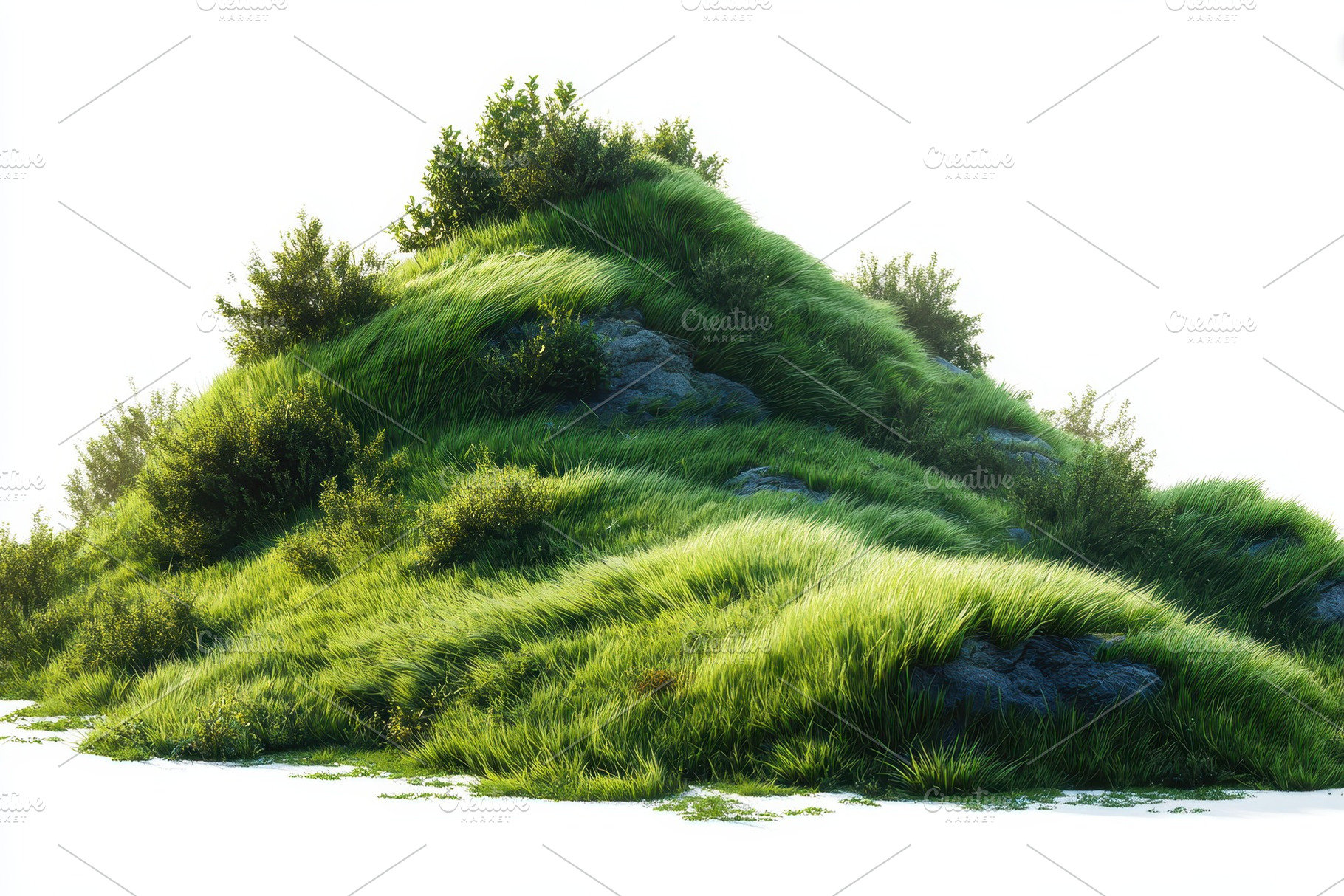 Lush grassy hill with rocks and shru, a Photo by Pixeness Studio