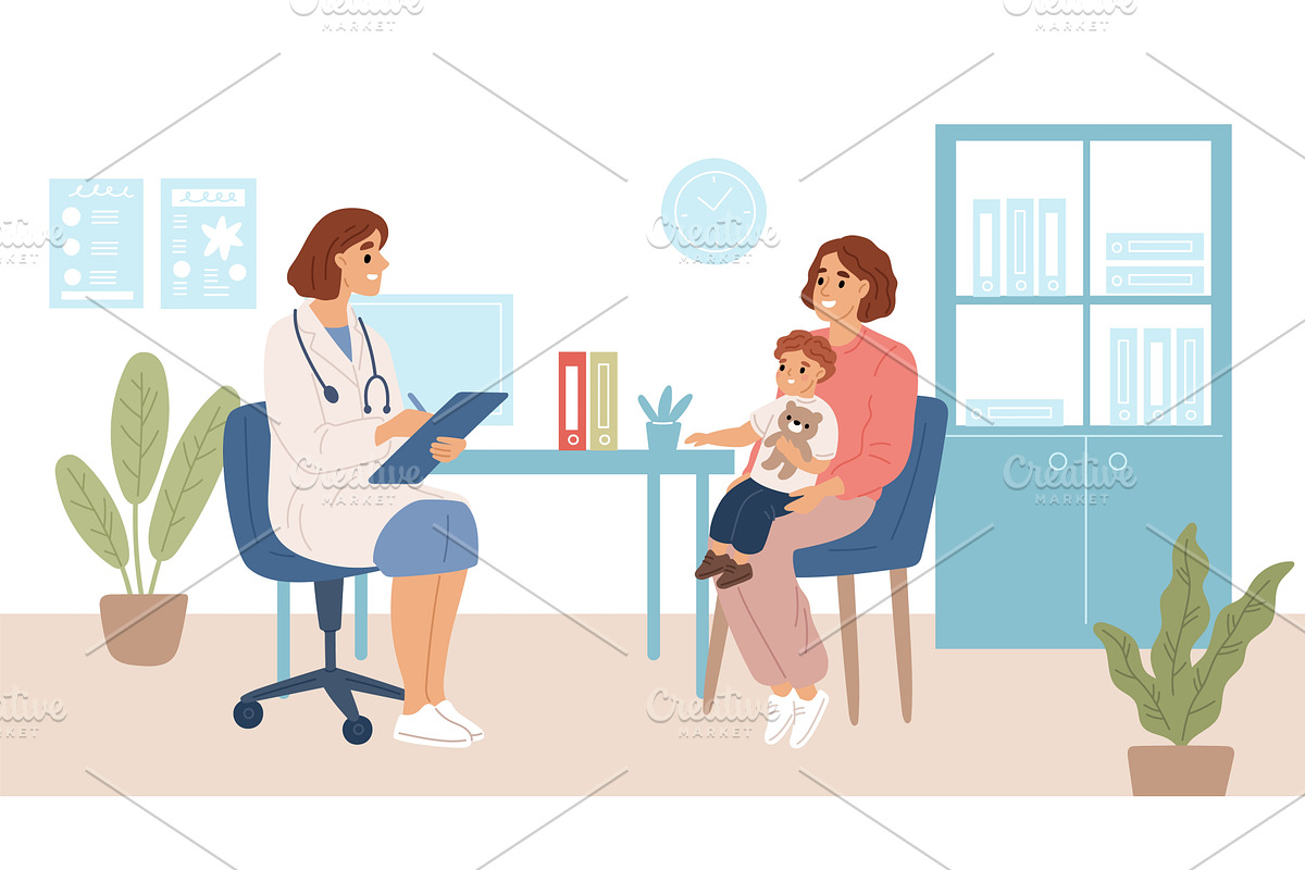 Child in pediatrics office. Mom and, a Healthcare Illustration by YummyBuum