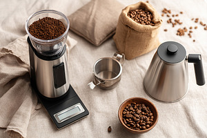 Coffee grinding setup with beans, scale, and brewing equipment in a cozy kitche, a Food & Drink Photo by AlyaAnd