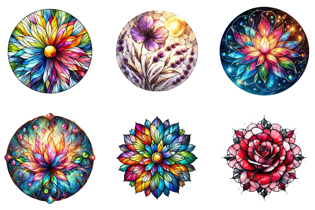 Round Stained Glass Flowers Clipart, an Illustration by DreamArtGraphic (Photo 3 of 4)