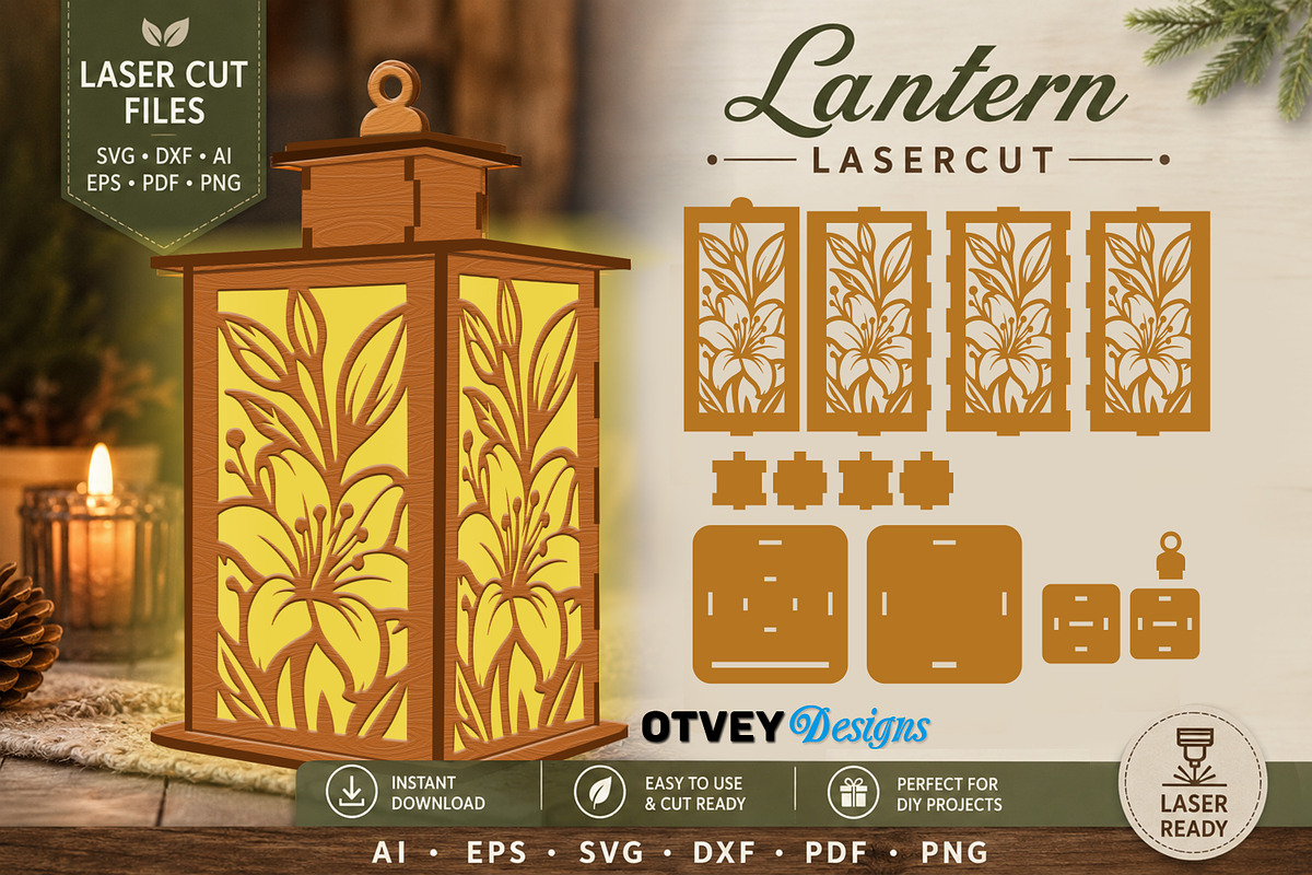 Floral Lantern SVG Bundle Laser Cut, a Decorative Illustration by OTVEY DESIGN (Photo 10 of 14)