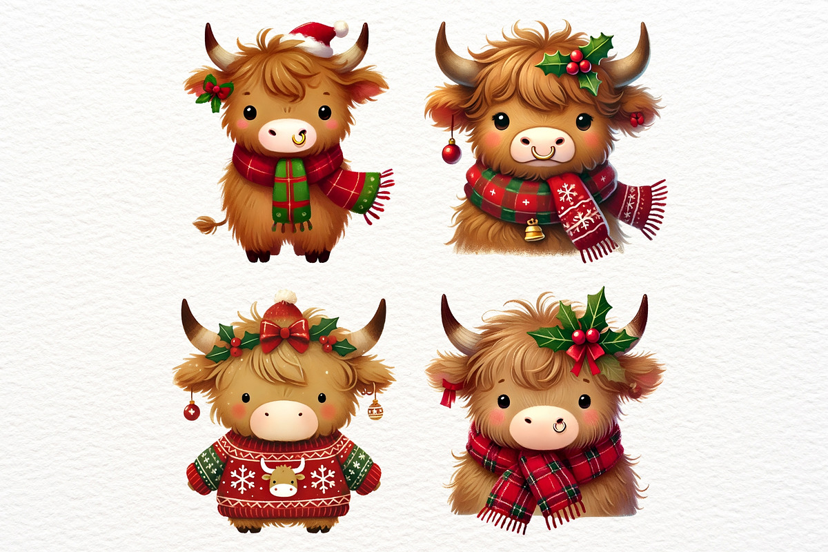 Christmas Highland Cow Clipart, an Animal Illustration by Nicolle's Colorful Art (Photo 2 of 10)
