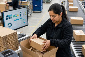 Packaging process in modern warehous, a Photo by Dvoevnore photos