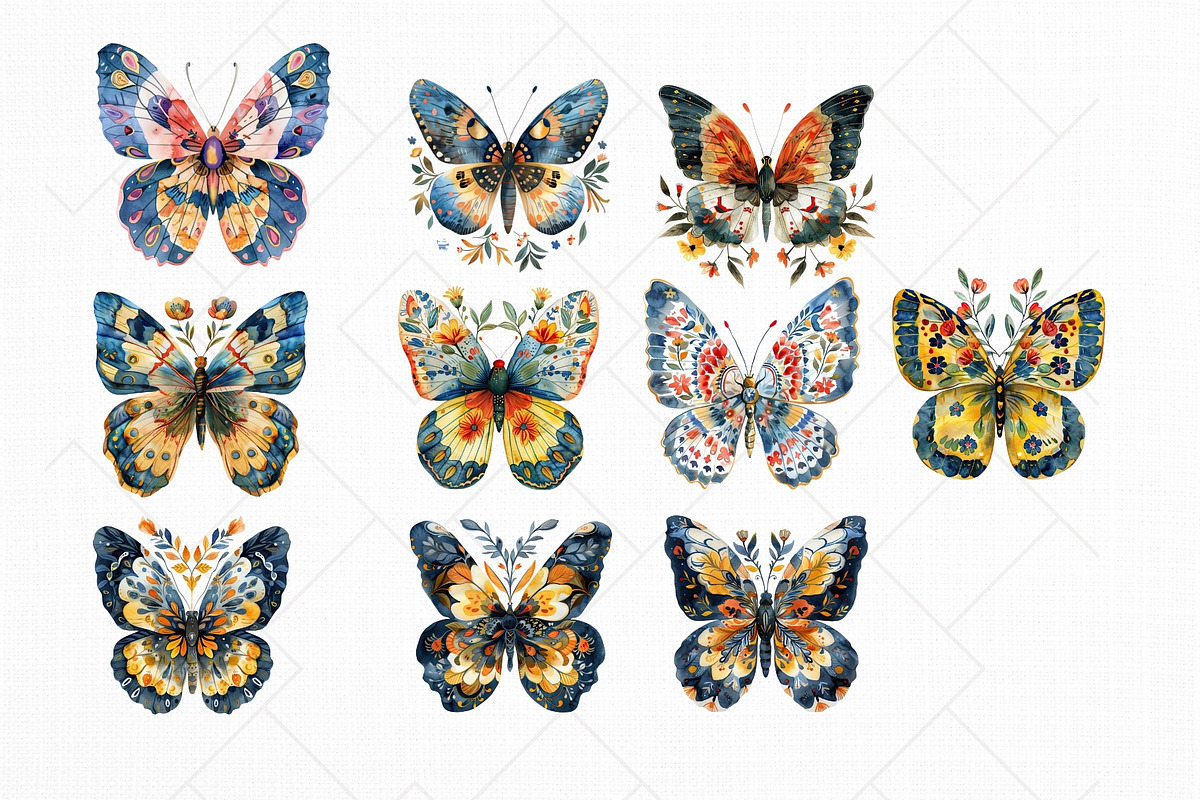 Watercolor Folk Butterflies Clipart, a Decorative Illustration by The Twin Lakes Studio (Photo 6 of 9)