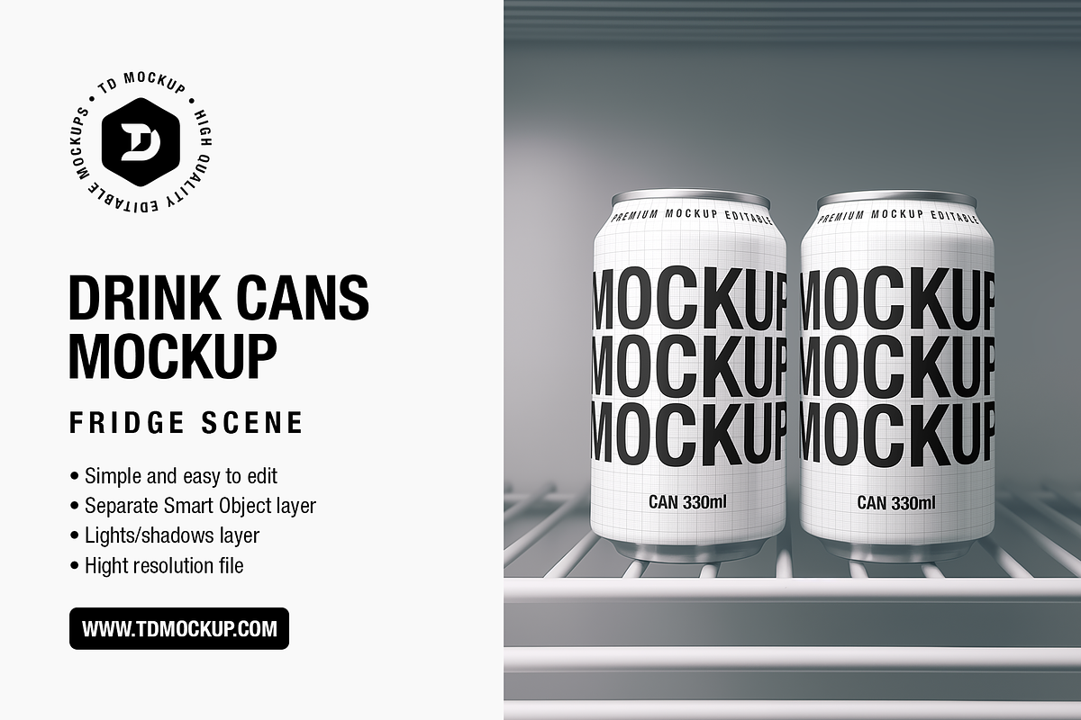 Drink Cans Mockup - Fridge Scene, a Packaging Mockup by TD Mockup (Photo 1 of 2)