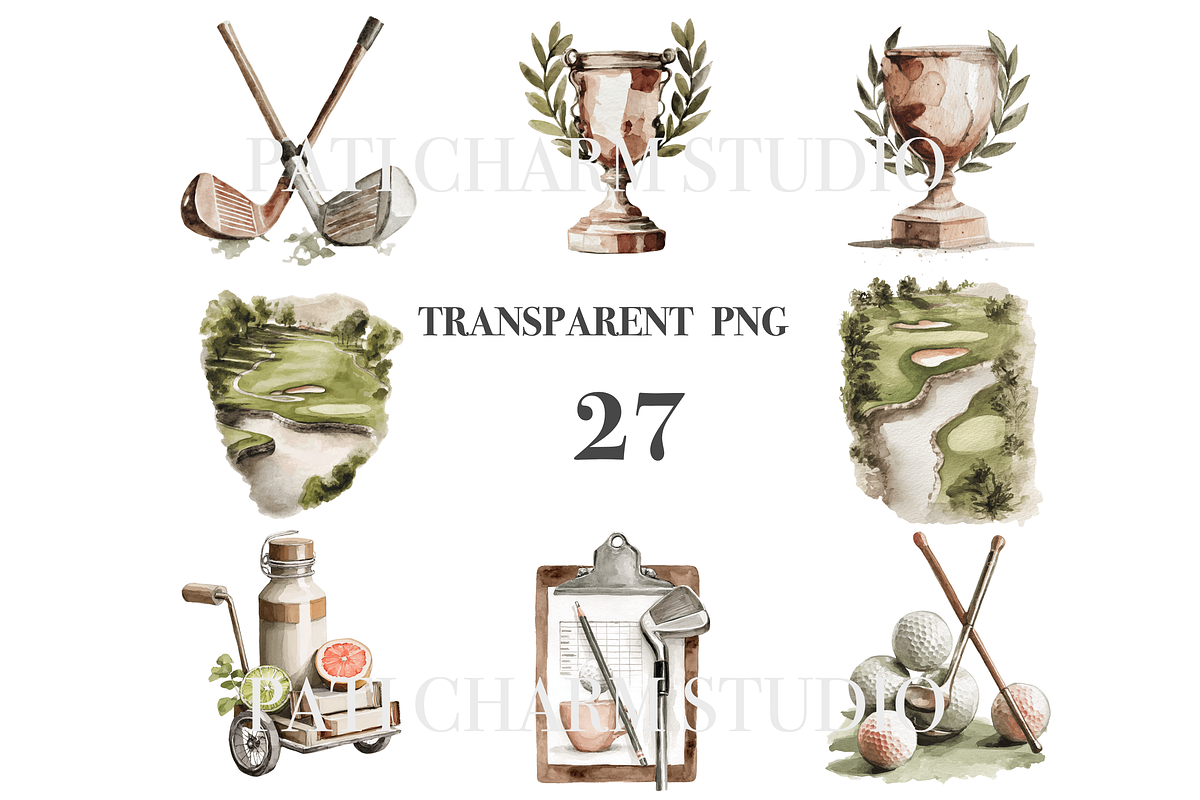 27 Watercolor Golf Clipart, a Decorative Illustration by Pati Charm Studio (Photo 3 of 8)
