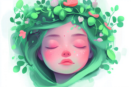 A serene illustration of a girl with closed eyes, surrounded by lush green foli, an Arts & Entertainment Photo by Textures & Backgrounds