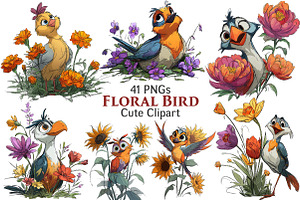 Floral Cute Birds Clipart, an Illustration by Pixels.Craft