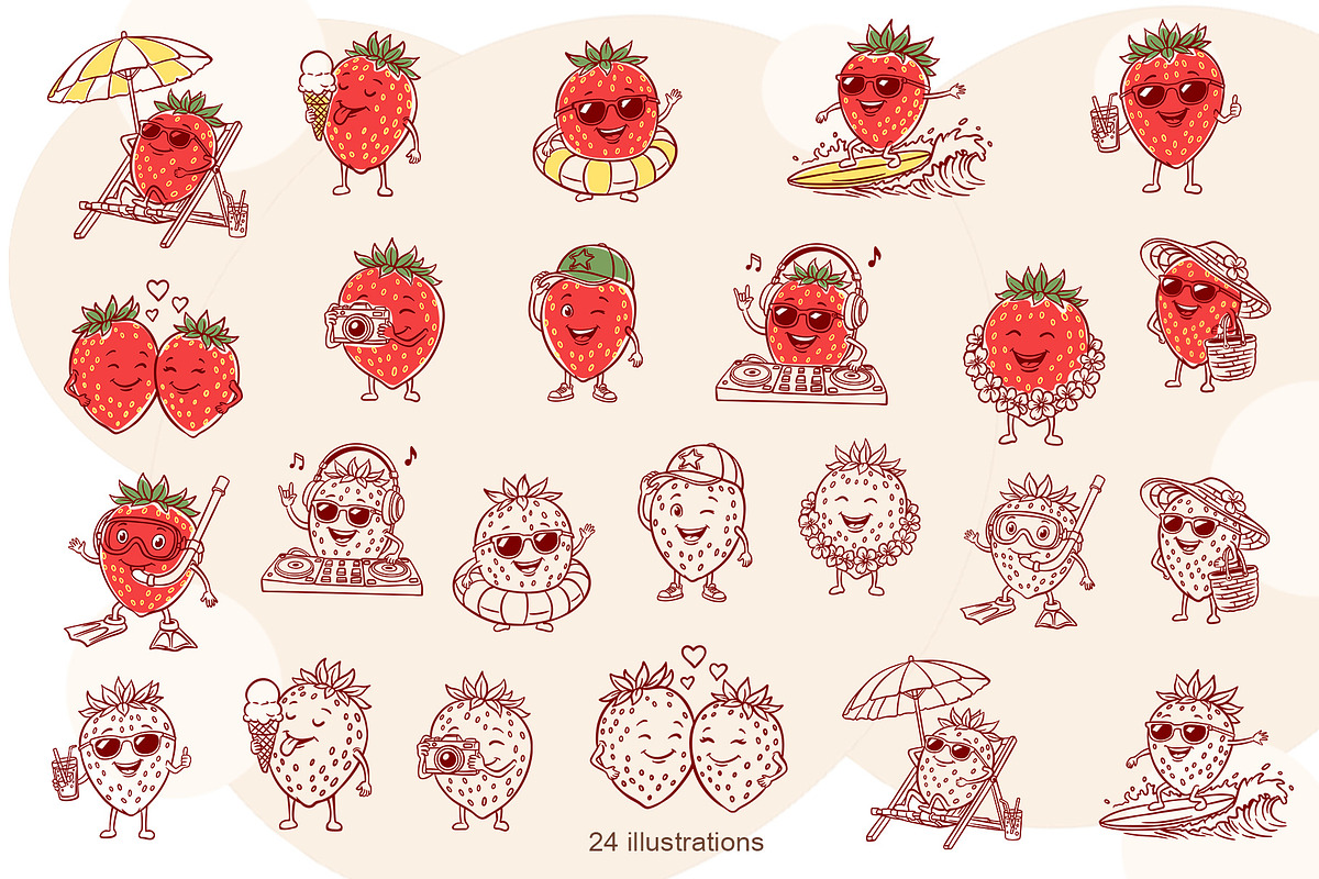 Beach Strawberry Characters Clipart, a Food Illustration by Watercolor dreams (Photo 2 of 3)