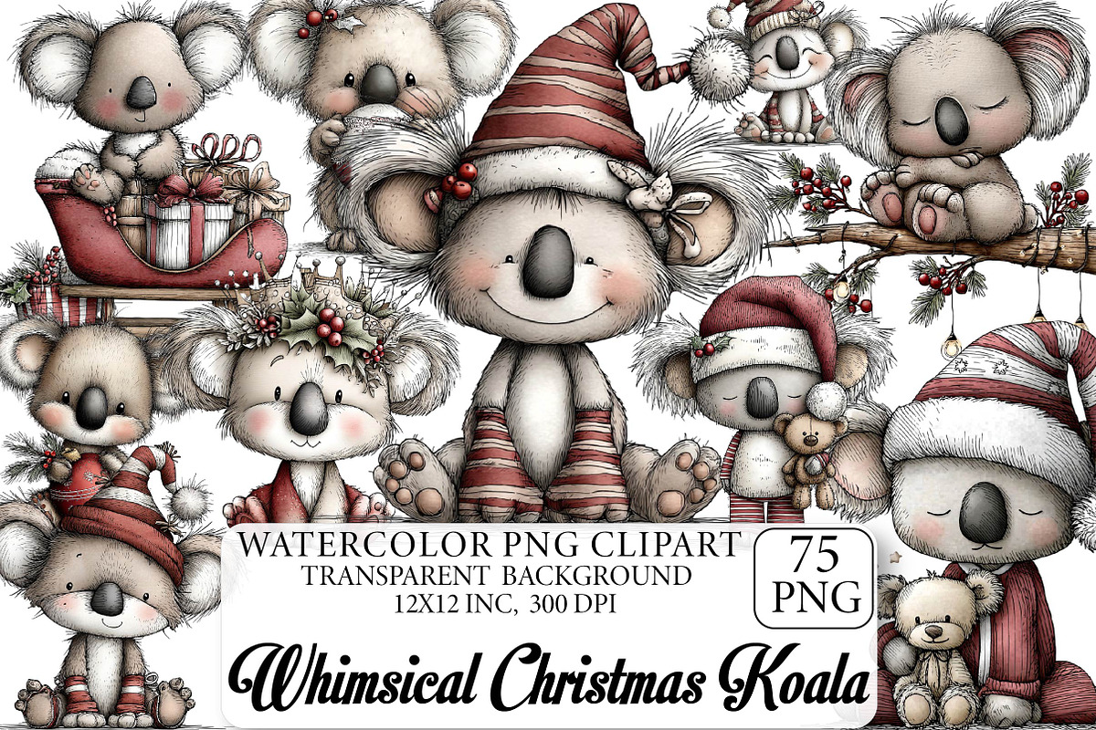 Whimsical Christmas Koala Clipart, an Illustration by DreamPrint404 (Photo 1 of 7)