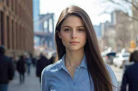 Woman standing confidently on a bustling city sidewalk during a sunny afternoon, a Person Photo by AlyaAnd