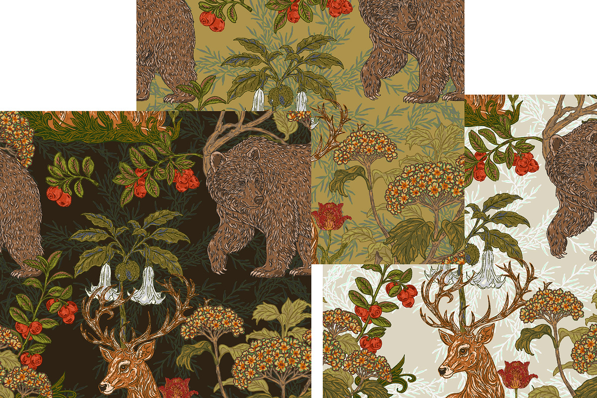 Woodland Bear and Deer Botanical, a Pattern Graphic by NayaChu (Photo 4 of 9)