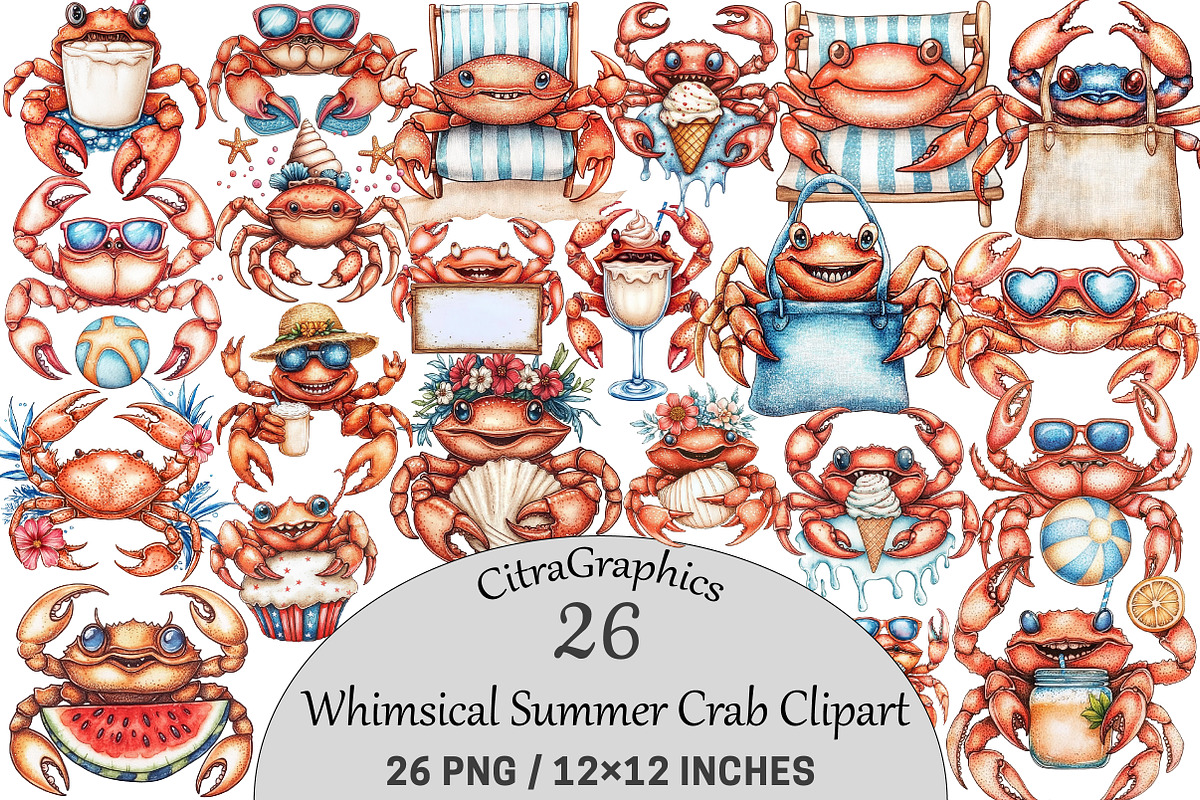 Whimsical Summer Crab Clipart, a Seasonal Illustration by CitraGraphics (Photo 1 of 6)
