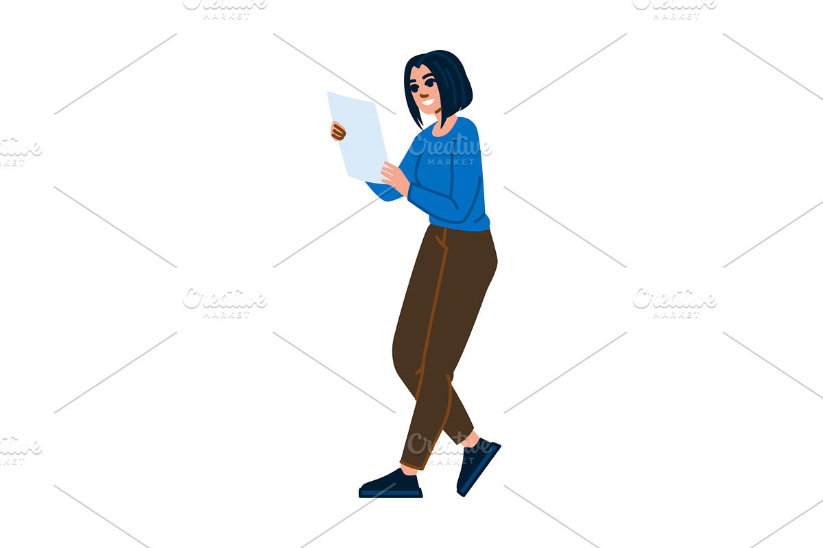 Young woman walking and reading a, a Person Illustration by pikepicture