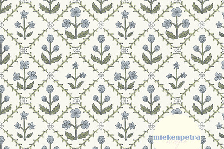 Lattice Block Print Floral - Blue Gr, a Pattern Graphic by Mieken Petra Designs
