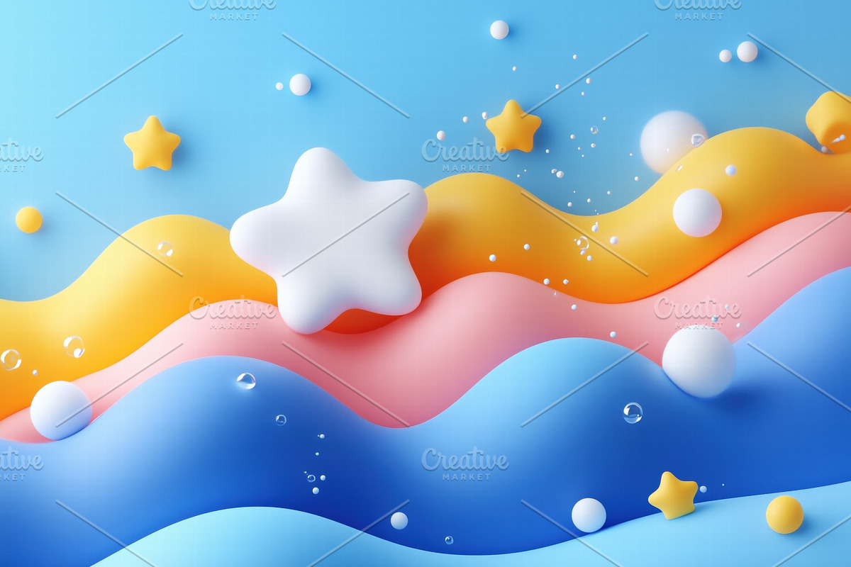 Colorful abstract background with wavy shapes and star elements. 3d ...