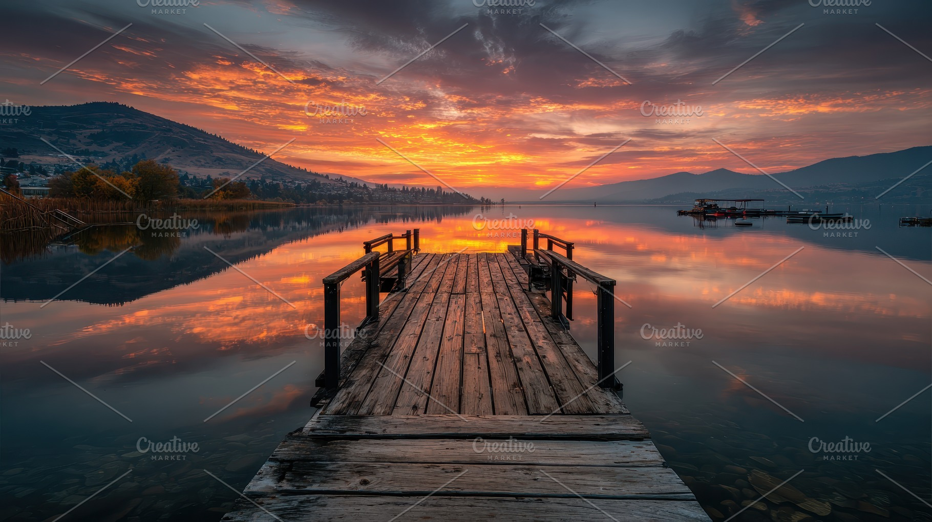 Wooden dock lake sunrise fiery sky m, a Photo by Pixeness Studio