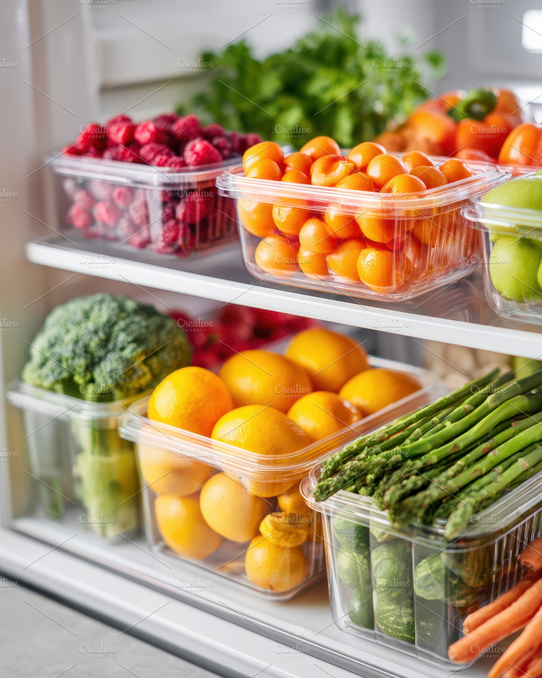 Fresh produce in clear containers, a Food & Drink Photo by AlyaAnd