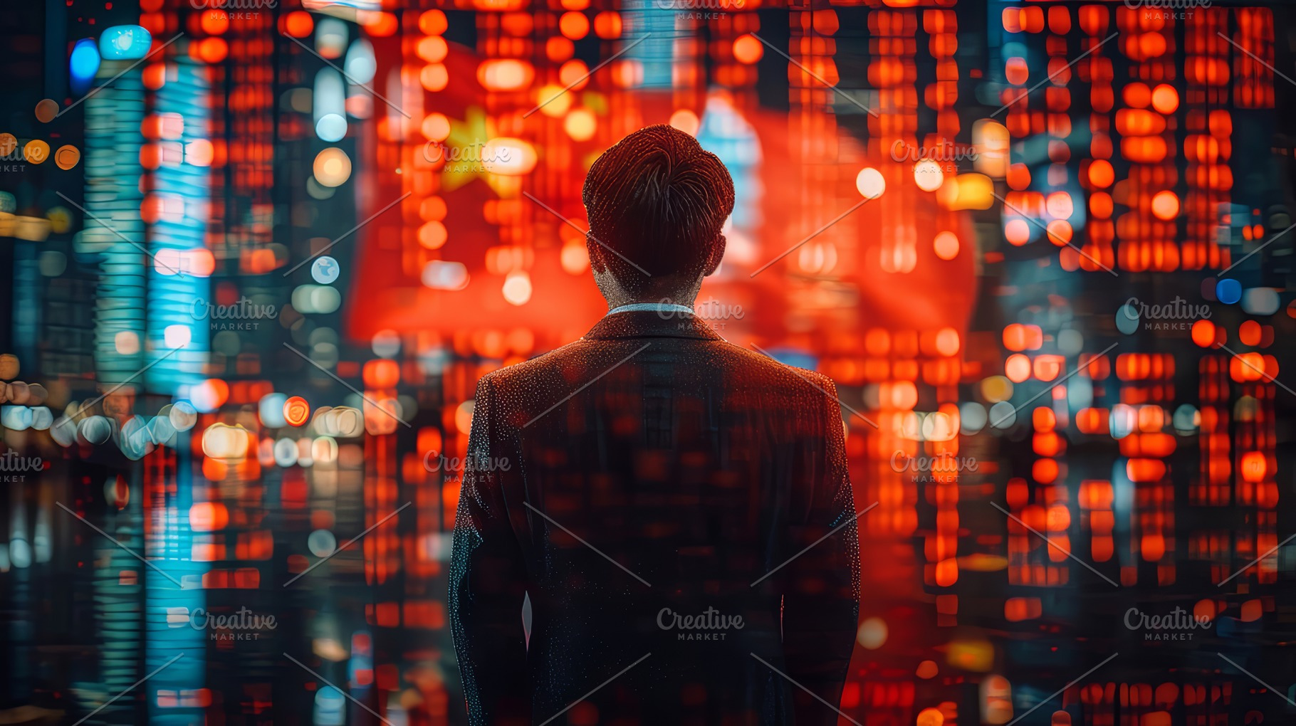 Businessman Contemplating the Vibrant Economy of China Against a Futuristic Cit, a Photo by AS photostudio